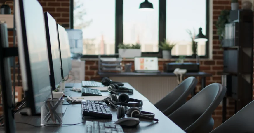 Office workstations with headsets