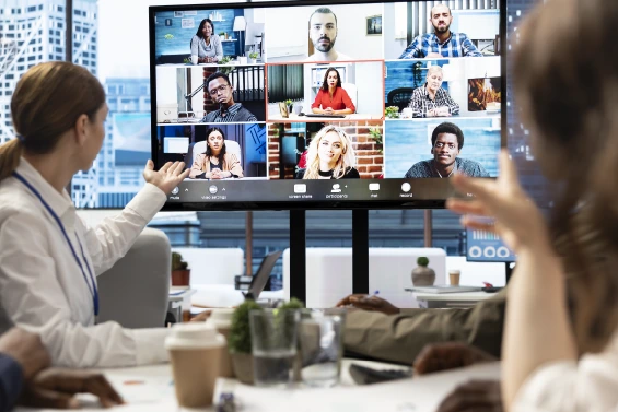 Team attending video conference