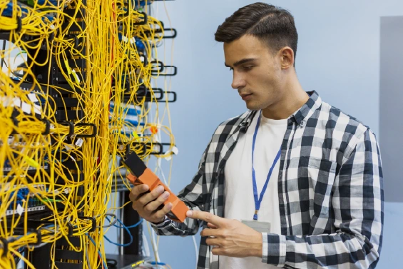 Engineer testing server wires