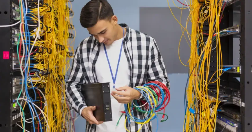 Technician managing server cables